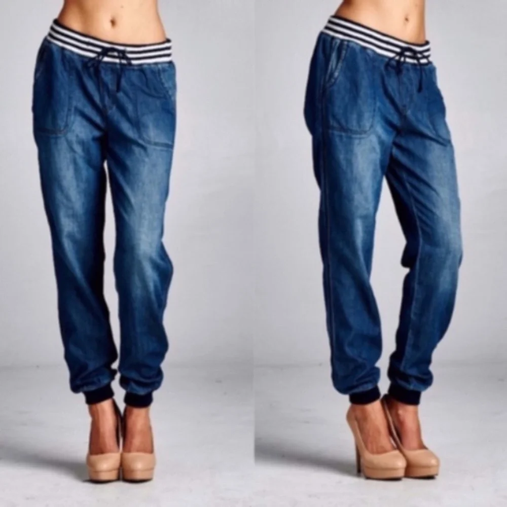 Dark Wash Striped Stretchy waistband Denim joggers - Picture 1 of 2